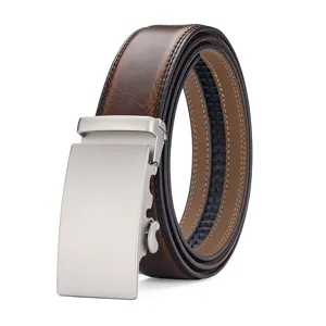 Detailed shot of brown leather belt with automatic silver buckle and cracked pattern