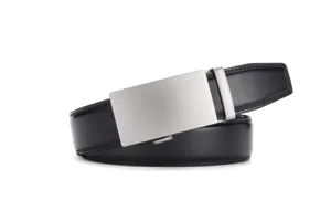 Detailed close-up view of a sleek black leather belt featuring a brushed silver automatic buckle