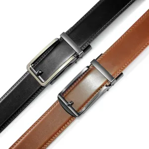 Detailed view of men's leather belts with sleek automatic metal buckles