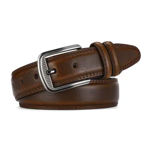 Detailed view of textured brown leather belt featuring a striped metal pin buckle