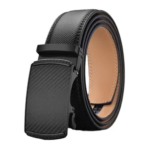 Men Business Leather Belt Automatic Buckle Carbon Fiber Texture Minimalist Cowhide Belt For Men Formal Casual Suit Dress Accessory