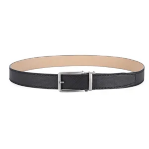Close-up view of a classic black textured leather belt with a silver metal buckle