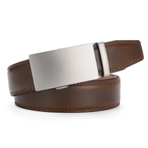 Macro view of men's brown leather belt with unique crackled texture and metal buckle