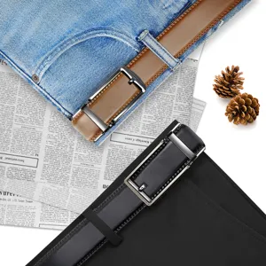 Detail showing textures of brown and black leather belts with automatic buckles.