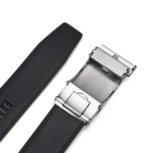 Detailed view of polished silver automatic buckle on premium black leather belt