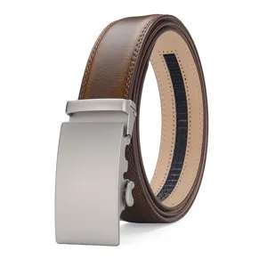 Detailed view of men's brown leather belt with automatic buckle and cracked texture