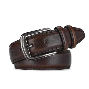 Detailed view of dark brown men's leather belt with a gunmetal pin buckle and textured finish.