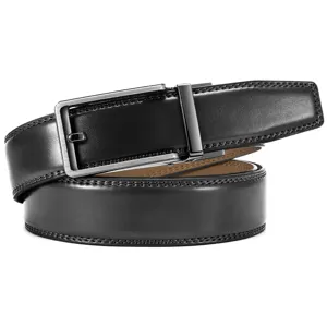 Close-up detail of a classic black leather belt with a sleek metal automatic buckle.