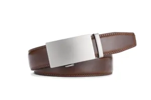 Detailed view of brown genuine leather business belt featuring a brushed silver automatic buckle