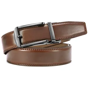 Close-up of a brown leather men's belt featuring a sleek metallic automatic buckle.