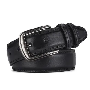 Close-up of black genuine leather belt with brushed metal pin buckle and stitching.