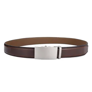 Detailed macro view of brown crackle pattern leather belt with brushed silver buckle