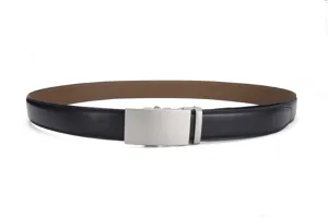 Detailed view of a men's black genuine leather business belt with a silver automatic buckle