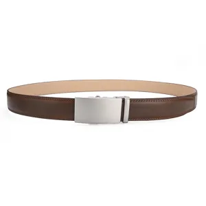 Minimalist men's brown leather belt with silver automatic buckle and crackle texture