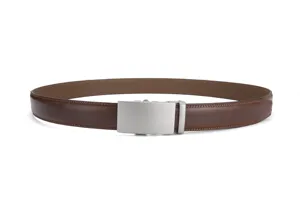 Detailed view of men's brown leather belt featuring a sleek brushed silver automatic buckle
