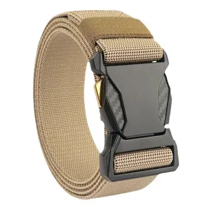 Close-up detail of a khaki tactical nylon belt with a black quick-release buckle closure.