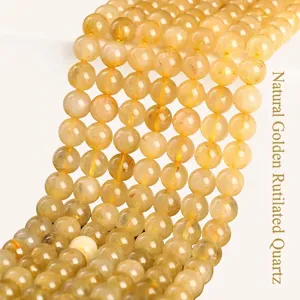 Perles en Vrac de Quartz Rutilé Or Naturel Perles de Pierre de Cristal Rondes pour Fabrication de Bijoux Bracelet DIY