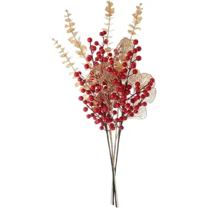 Surtido de Ramas de Bayas Rojas Artificiales y Hojas de Ginkgo Eucalipto Dorado para Decoración Festiva de Año Nuevo y Navidad