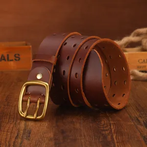 Men Vintage Genuine First Layer Cowhide Leather Belt Artistic Hand Washed Zinc Alloy Double Prong Buckle Durable Jeans Belt Accessories
