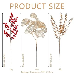 Set completo de ramas de bayas de acebo y hojas doradas con dimensiones del producto