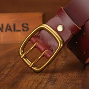 Vintage men's washed cowhide leather belt with antique brass pin buckle and burgundy strap