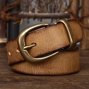 Vintage distressed brown leather belt with high quality antique bronze buckle detail