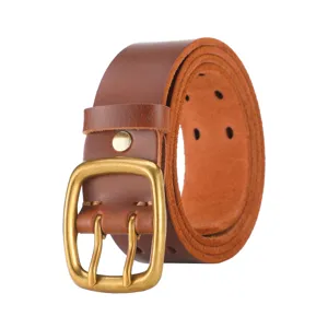 Men's vintage brown cowhide leather belt featuring a sturdy double-prong brass buckle