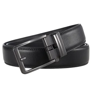 Detail of men's black split leather belt with matte metallic automatic buckle.