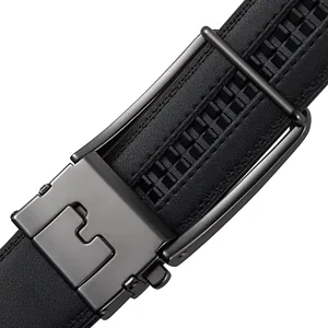 Close-up of men's leather belt with metal automatic buckle and ratchet track detail