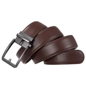 Detail of dark brown leather belt for men featuring a textured finish and automatic buckle.