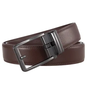 Close-up of brown leather belt with textured grain and gunmetal automatic buckle