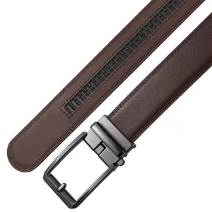 Detailed view of a brown split leather belt featuring a gunmetal automatic buckle.