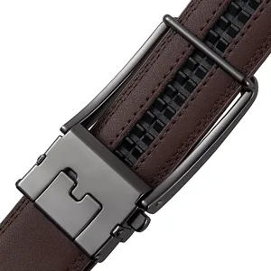 Close-up detail of a dark brown split leather belt with a gunmetal grey automatic buckle
