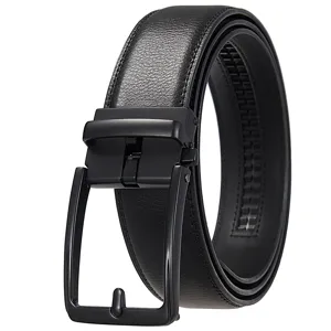Close-up of a men's black leather ratchet belt featuring a sleek matte automatic buckle