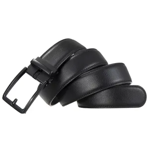 Detailed view of black men's leather belt showing lychee grain texture and buckle