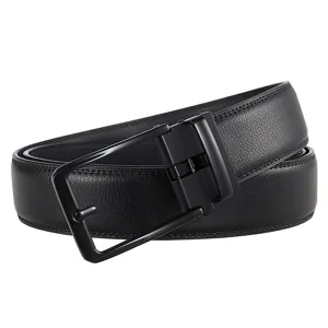 Detailed view of black men's leather belt featuring a modern matte black automatic buckle