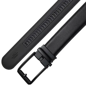 Detailed view of men's black leather belt with matte automatic buckle and texture.