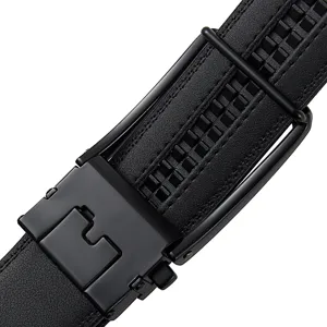 Detail shot of black leather belt with automatic matte buckle and ratchet track.