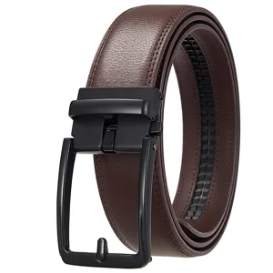 Detailed view of brown leather belt with black matte automatic buckle mechanism