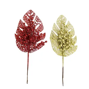 Christmas glitter monstera leaf artificial plant decoration for home party photography props