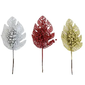 Glitter Monstera Leaf Christmas Tree Decoration Artificial Gold Red Silver Berry Branch