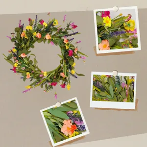 Corona floral de primavera verano flor silvestre artificial decoración puerta guirlande ratán