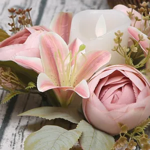 Artificial lily candle ring wreath with LED candle for home decor, wedding tabletop centerpiece.