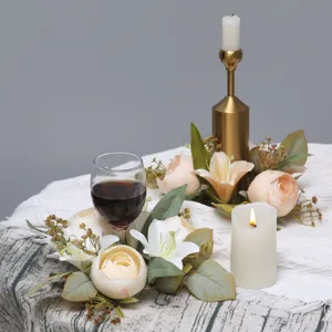 Artificial lily candlestick wreath table decor romantic wedding home decoration setup.