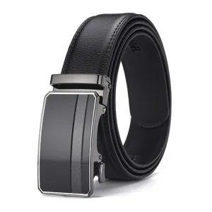 Men Business Split Cowhide Belt Automatic Buckle Minimalist Real Leather Waist Strap Black Smooth Alloy Buckle Casual Pants Belt