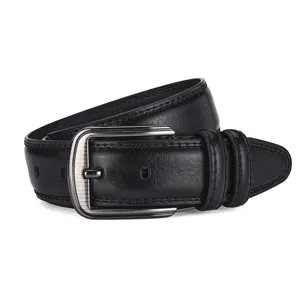 Classic black leather belt featuring a brushed metal pin buckle and textured finish