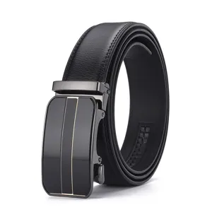 Close-up detail of a minimalist men's automatic black leather belt with a glossy metal buckle