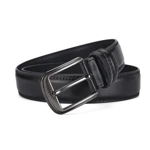 Classic black men's genuine leather belt with metallic pin buckle for business casual.
