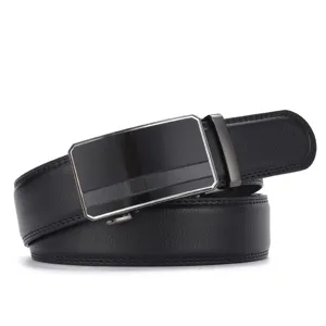 Close-up of a premium men's leather belt featuring a sleek black automatic buckle design.