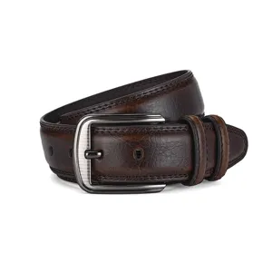 Classic men's genuine brown leather belt with metallic prong buckle on white background
